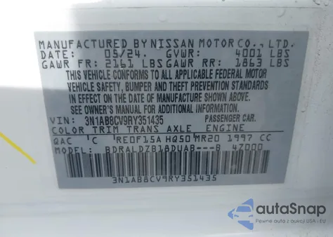 2024 Nissan Sentra Sv z USA, uszkodzony, nr VIN 3N1AB8CV9RY351435